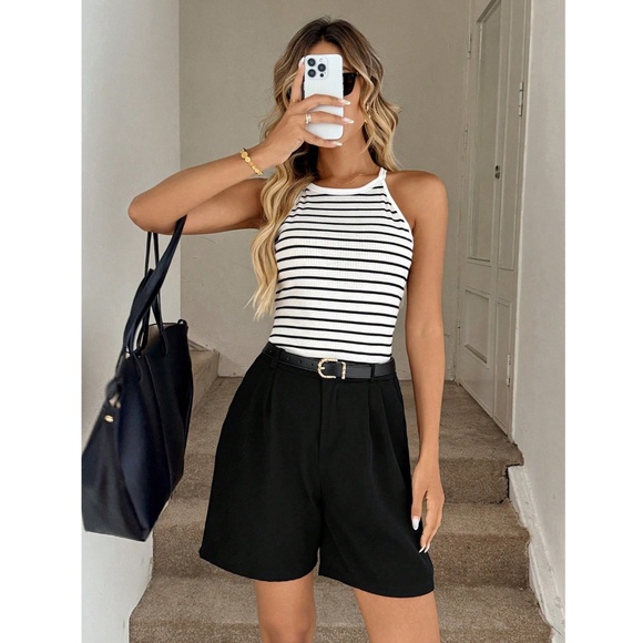 Halter Tank Top White with Black Stripes Stretchy - Picture 6 of 14